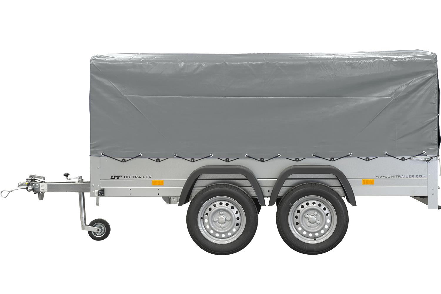 remorque double essieux unitrailer 264/2 kipp avec roue jockey, arceau et bâche grise – Image 4
