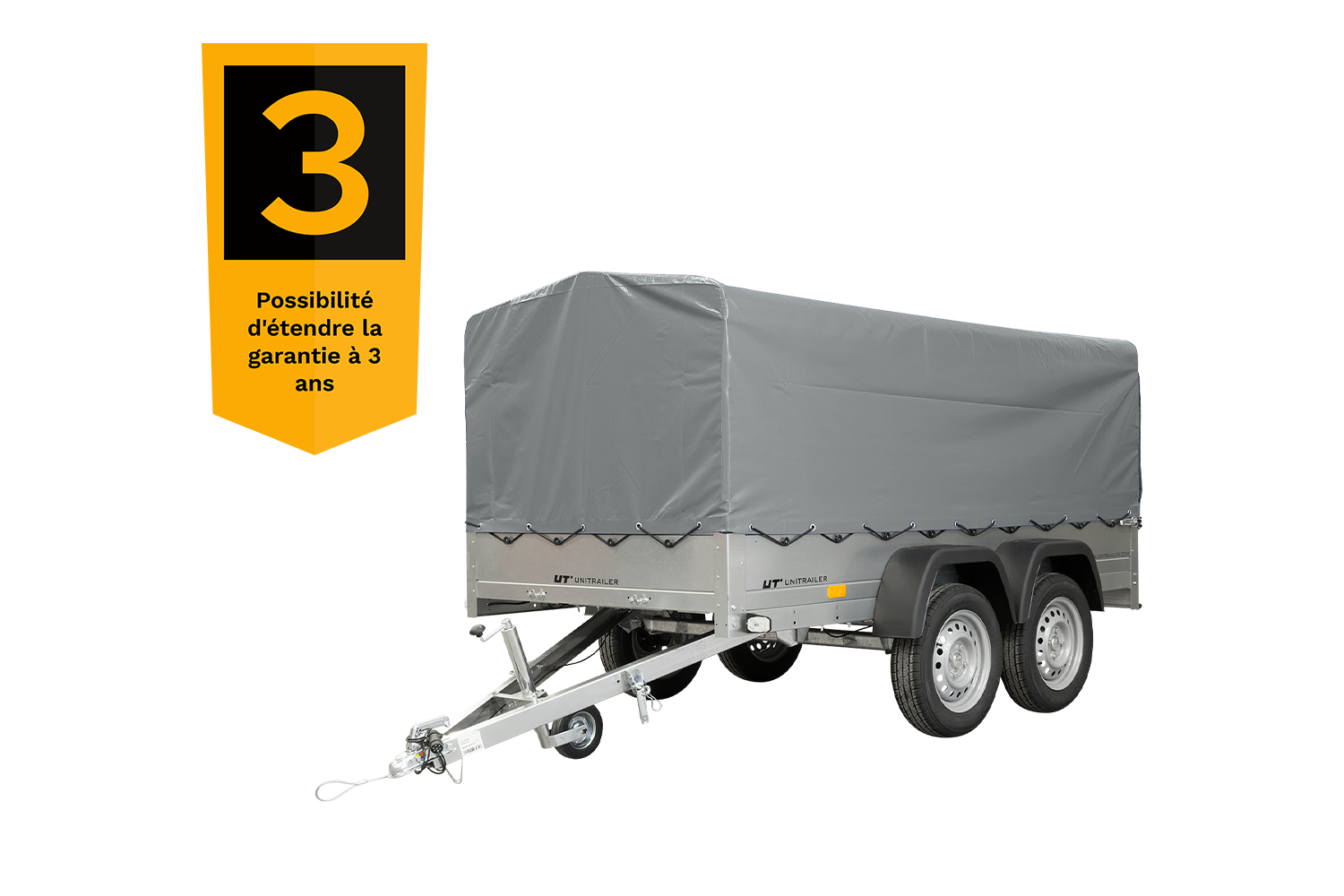 remorque double essieux unitrailer 264/2 kipp avec roue jockey, arceau et bâche grise