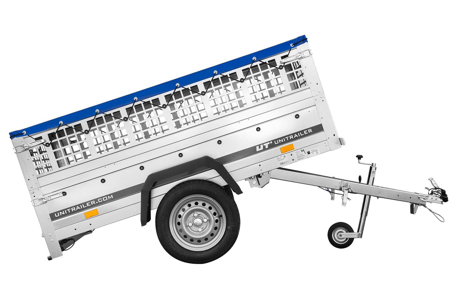 Remorque grillagée 200×106 avec bâche plate bleue ridelles grillagées et roue jockey – Garden Trailer 200 KIPP